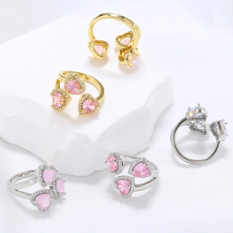 Dreifach Herz Ring Kupfer 18K Vergoldet Verstellbar Offen Zirkonia Strass Eleganter Schmuck Für Damen