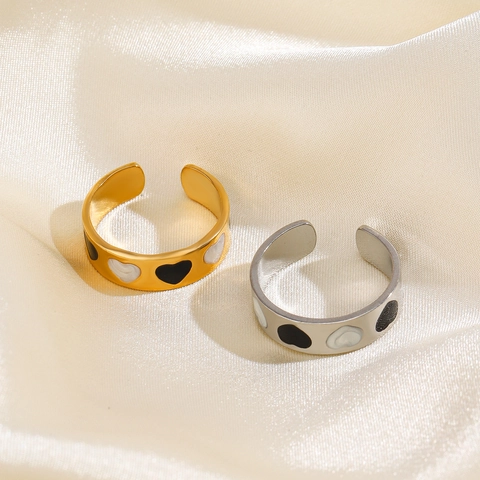 Anillo Abierto De Corazón De Acero Inoxidable Ajustable Esmalte Blanco Negro Joyería De Moda Mujer Estilo Minimalista