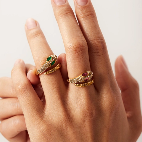 Snake Ring 18K Gold Plated Stainless Steel Cubic Zirconia Green Eye Gemstone Scale Texture Elegant Jewelry For Women