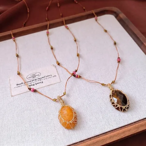 Collier Pendentif Pierre Naturelle Oeil De Tigre Fait Main Rétro Boho Perles Chaîne De Pull Longue Bijoux Vintage Pour Femmes