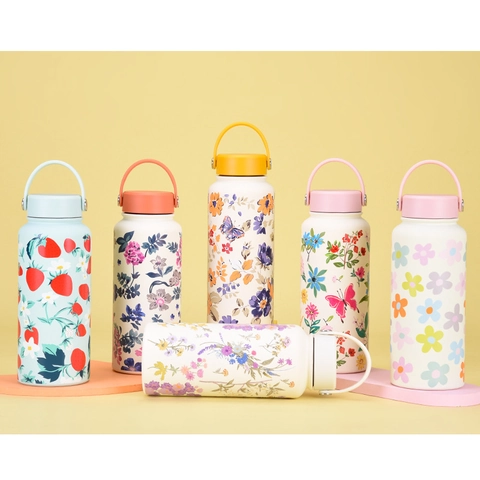 Botella De Agua Aislada Al Vacío De Acero Inoxidable Boca Ancha Asa Portátil Estampado Floral Frasco Deporte