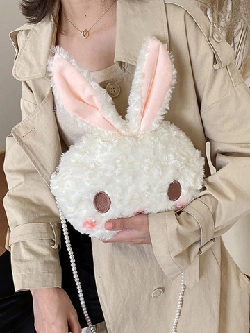 Bolso Bandolera De Peluche De Conejo Lindo Dibujos Animados Estilo Lolita Dulce Forma De Conejito Con Cadena De Perlas Artificiales Para Mujeres Niñas