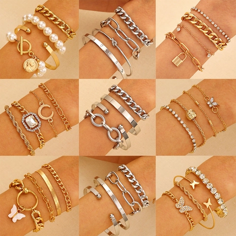 Bracelet Bangle Collection Women Multi Layer Stackable Alloy Brass Iron Rhinestone Faux Artificial Pearl Punk Hip Hop Jewelry