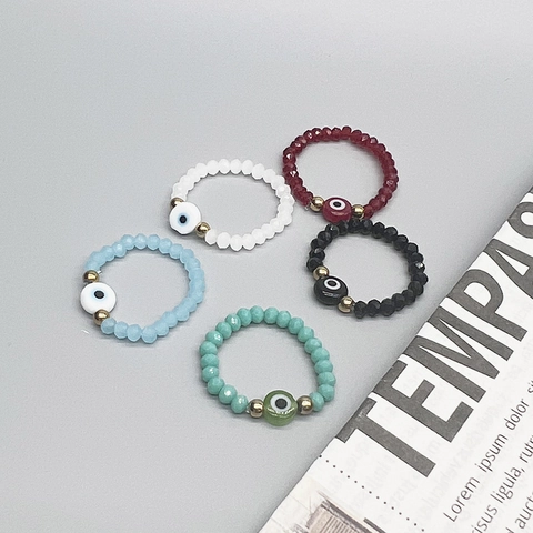 Fashion Stainless Steel Crystal Beaded Evil Eye Stretch Ring For Women Bohemian Elastic Finger Ring Jewelry Gift