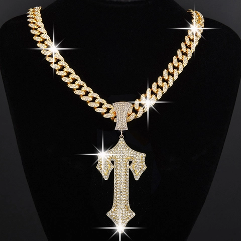 Collana Con Pendente Lettera Alfabeto A S I Croce Hip Hop Iced Out Lega Strass Catena A Maglia Cubana Gioielli