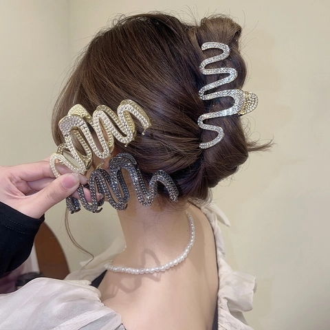 Pinza Para El Pelo Ondulada Grande Aleación Metal Con Diamantes De Imitación Perla Artificial Elegante Antideslizante Para Mujer