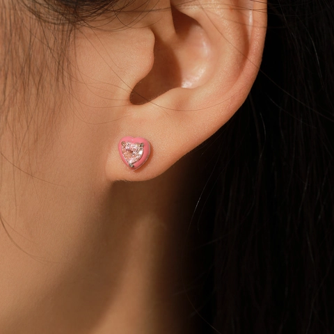 Boucles d'Oreilles Clous en Argent Sterling 925 Coeur Rose Zirconia Bijoux de Mode Douce pour Femmes Boucles d'Oreilles Forme Coeur