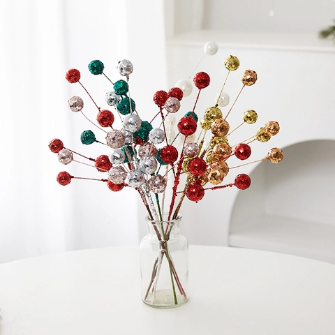 Artificial Berry Picks Christmas Tree Decoration Glitter Sequin Foam Branches Holiday Party Floral Shiny Festive Home Decor