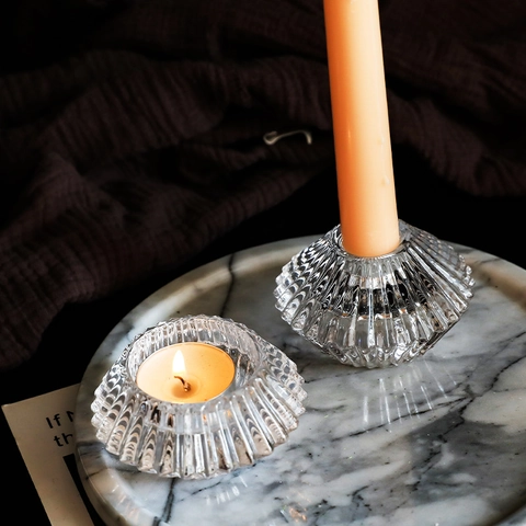 Glass Candlestick Candle Holder Transparent Ribbed Geometric Desktop Decor Dual Purpose Minimalist Style