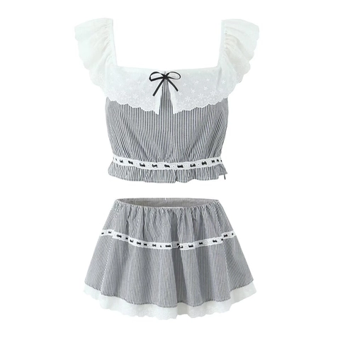 Ensemble Haut Et Jupe Rayés Femmes Coton Dentelle Noeud Épaules Dénudées Style Lolita Doux Tenue Été