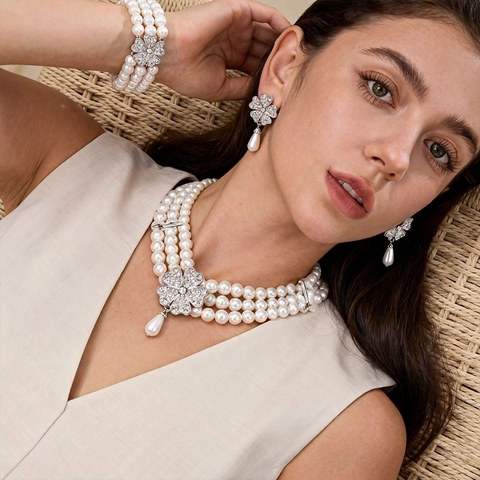 Elegante Collar De Perlas Artificiales Sintéticas Pulsera Pendientes Poste De Plata Flor Diamantes De Imitación Joyería Para Mujer