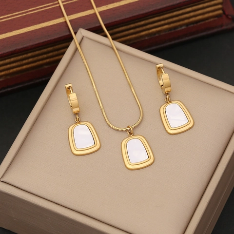 Stainless Steel Geometric Trapezoid Shell Enamel Pendant Necklace Snake Chain And Stud Earrings Jewelry For Women
