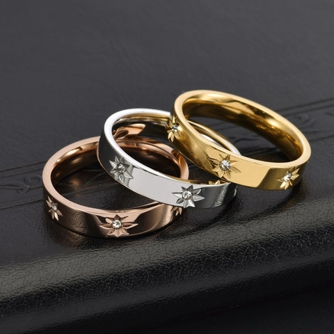 Elegante Anillo de Girasol de Acero Inoxidable para Mujer Chapado en Oro Con Bisel Strass Patrón de Estrella Joyería Moda