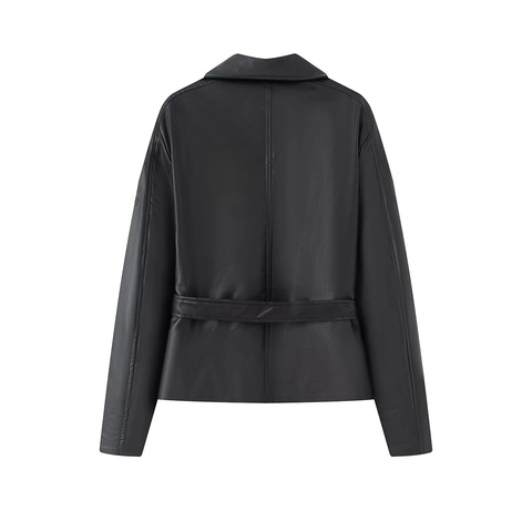 Giacca In Pelle PU Da Donna Corta Con Cintura Cappotto In Ecopelle Revers Cerniera Biker Streetwear Nero