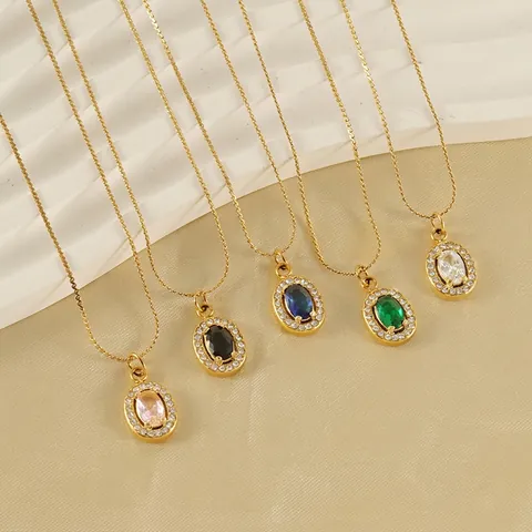 Collier Pendentif Zircon Ovale Plaqué Or 18K Acier Inoxydable Élégant Style Vintage Français Pour Femmes Bijoux
