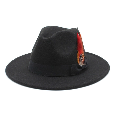 Vintage Fedora Hoed Katoen Polyester Wolvilt Brede Rand Jazz Cap Met Gekleurde Veren Zwart Lint Strik