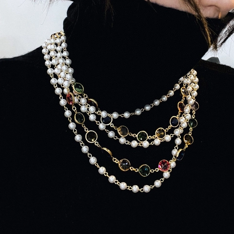 Vintage Multi Layer Artificial Pearl Necklace With Colorful Glass Crystals Gold Plated Choker For Women Luxury French Style