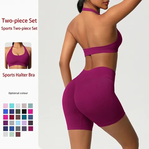 Halter Sports Bra And High Waist Shorts Yoga Workout Fitness Gym Seamless Knit Solid Color Moisture Wicking For Women