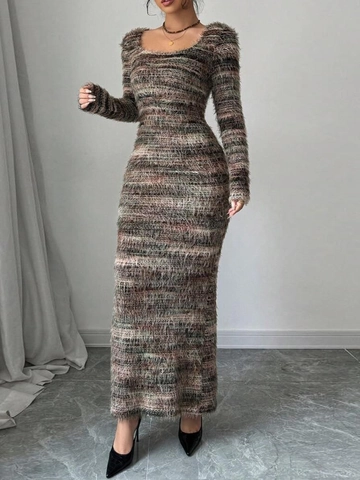 Shaggy Knit Striped Maxi Dress Long Sleeve Round Neck Slim Fit Elegant Autumn Winter Split Back For Women