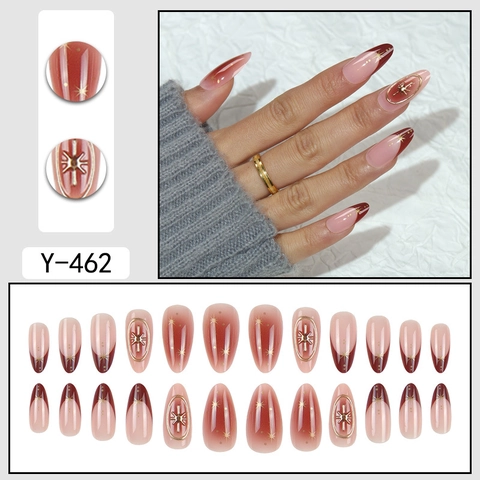 Uñas Postizas Press On Nails Degradado Rubor Francés Almendra Larga Con Decoración Estrella Oro 3D Elegante Manicura Mujer