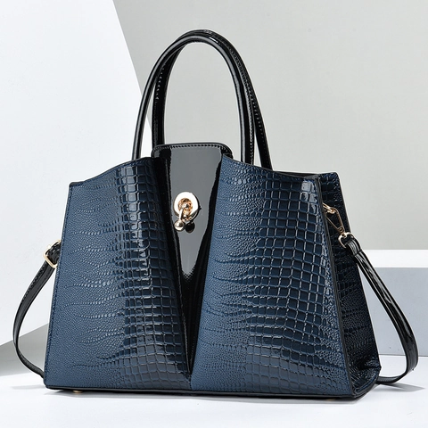 Women Crocodile Pattern Handbag PU Leather Patent Patchwork Top Handle Shoulder Bag Metal Turn Lock Elegant Korean Style