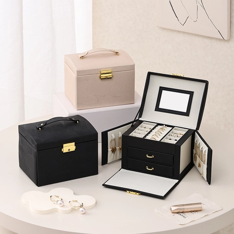 Boîte à Bijoux Double Couche Avec Miroir en Similicuir PU Organisateur de Bijoux pour Boucles d'Oreilles Bagues Colliers Bijoux