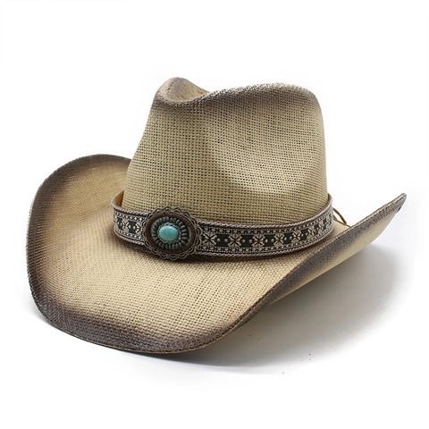 Western Cowboy Hat Straw Woven Breathable Sunshade Beach Summer Retro Ethnic Style Turquoise Decor Men Women