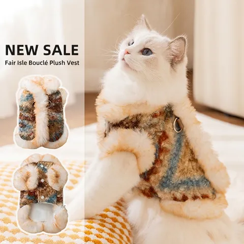 Γιλέκο Κατοικίδιων Fair Isle Boucle Λούτρινο Ζεστό Ρούχα Σκύλων Γατών Με Δακτύλιο D Κούμπωμα Χειμερινά Ενδύματα