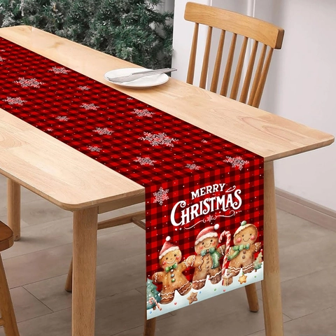Christmas Table Runner Polyester Buffalo Plaid Gingerbread Man Snowflake Festive Holiday Dining Room Table Decoration