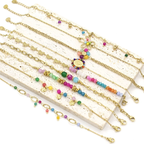 Colorful Natural Stone Bracelet Gold Plated Stainless Steel Adjustable Bohemian Fresh Style For Women Non-Allergic