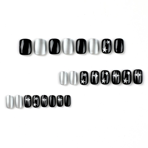 Uñas Postizas Press On Negro Y Plata Estrellas Y2K Cortas Cuadradas Estilo Cool Espejo Cromo Para Mujer