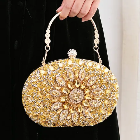 Luxury Rhinestone Evening Clutch Bag Oval Hard Shell Flower Pattern Gemstone Handbag With Metal Handle For Wedding Party