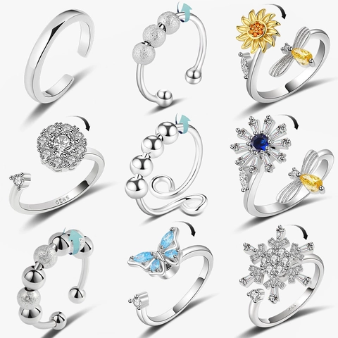 Bague Fidget Rotative en Cuivre Strass Flocon de Neige Tournesol Ensemble Femme Ajustable Anti-stress Bijoux Cadeau