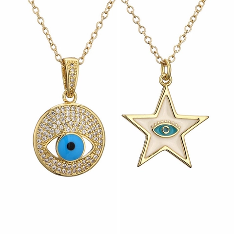 Evil Eye Pendant Necklace Copper Micro Pave Zircon Geometric Disk Star Heart Hamsa Hand Boho Protection Jewelry For Women