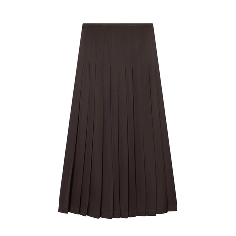 Women Elegant High Waist Pleated Maxi Skirt Solid Coffee Brown Polyester Twill Streetwear Long Bottoms Lady