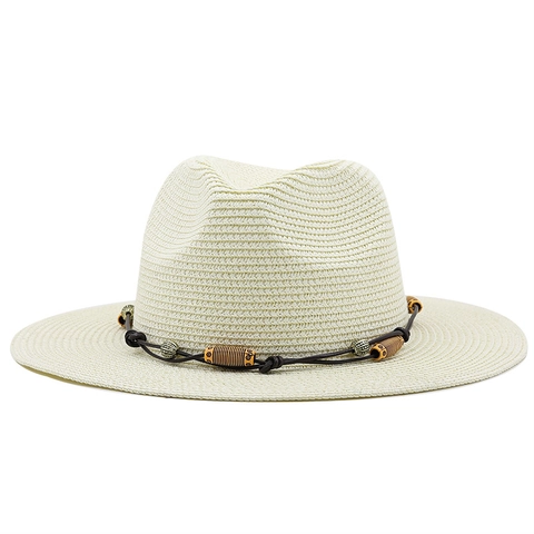 Unisex Straw Fedora Hat Wide Brim Panama Sun Cap Breathable Summer Beach Travel With Wood Beaded Band