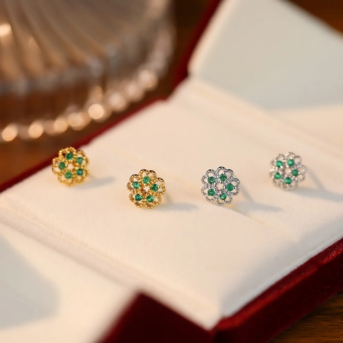 925 Sterling Silver French Style Flower Stud Earrings Vintage Hollow Floral Design Green Zirconia Inlaid Jewelry For Women