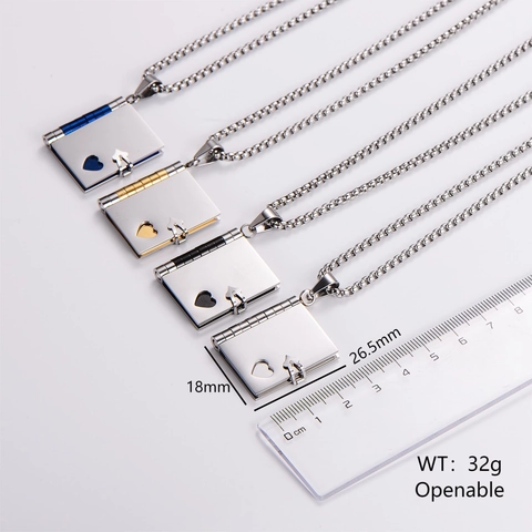 Collana Medaglione Libro Acciaio Inossidabile 316L Pendente Cuore Traforato Apribile Catena Maglione Vintage Gioielli