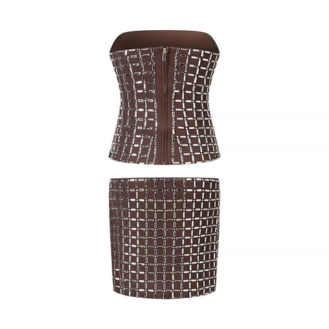 Top Fascia E Minigonna Con Motivo Griglia Di Strass Da Donna Abbigliamento Sexy Club E Feste Marrone Scuro