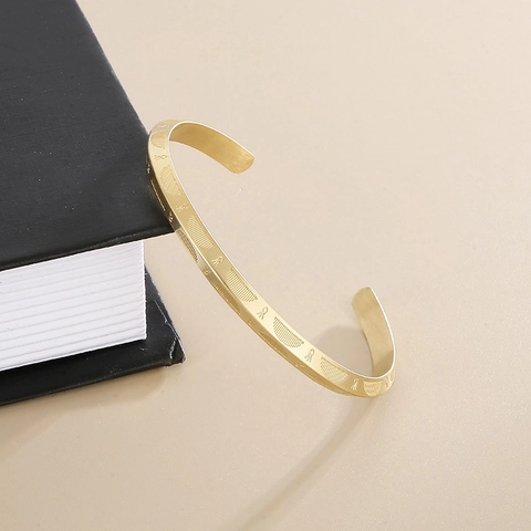 Stainless Steel Open Bangle C-Shape Bracelet Carved Geometric Pattern Minimalist Jewelry For Men Unisex Durable