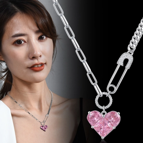 Pink Heart Pendant Necklace Titanium Steel Asymmetric Paperclip Chain Rhinestone Safety Pin Jewelry For Women