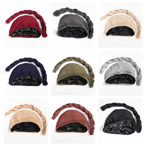 Men Satin Lined Turban Cap Silk Sleep Cap Twist Braid Headwrap Headband Set Ethnic Polyester Headscarf For Hair Care Daily Accessories