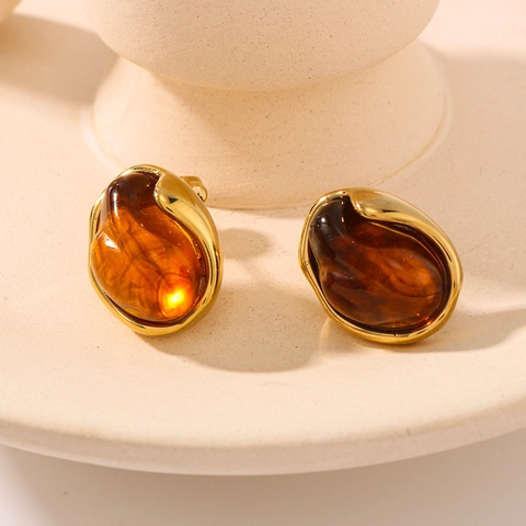 Vintage Runde Bernstein Harz Ohrstecker 18K Vergoldet Edelstahl Unregelmäßiger Geometrischer Schmuck Für Damen