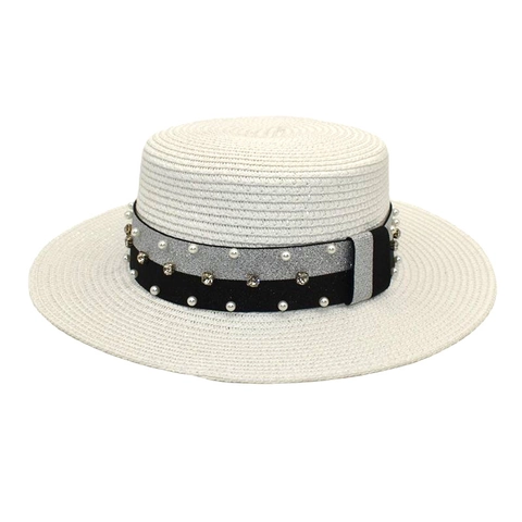 Women Straw Boater Hat Elegant Wide Brim Flat Top Sun Hat With Artificial Pearl Rhinestone Ribbon For Summer Beach Vacation