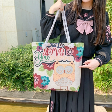 Large Capacity Canvas Tote Bag Jacquard Embroidery Owl Cat Butterfly Pattern Ethnic Shoulder Handbag Rope Handle