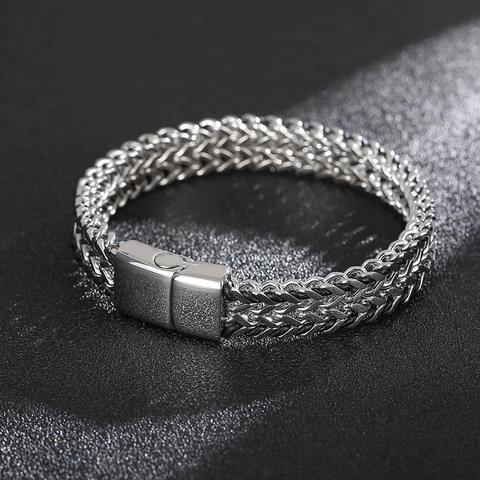 Bracelet Tressé En Acier Inoxydable 316L Pour Homme Double Rangée Chaîne De Blé Fermoir Magnétique Punk Hip Hop Bijoux
