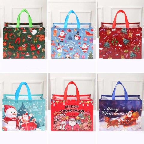 Christmas Non-Woven Gift Bags Santa Claus Snowman Reindeer Print Festive Holiday Party Favor Candy Packaging Tote Handbags