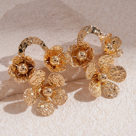Vintage Gold Gehämmert Blume Cluster Ohrringe Mit 925 Sterling Silber Ohrstecker Retro Metall Schmuck Für Damen