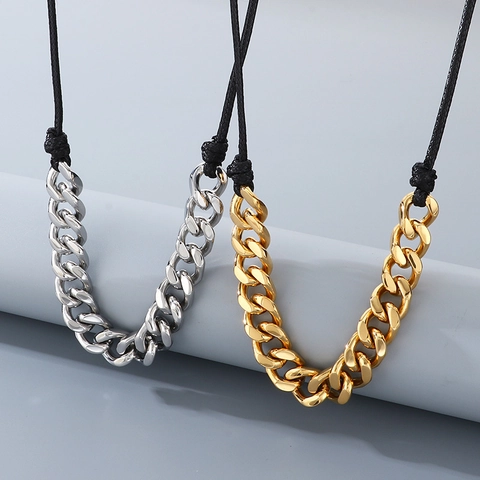 Men Cuban Chain Necklace Stainless Steel Spliced Wax Rope Adjustable Handmade Casual Hip Hop Jewelry Unisex