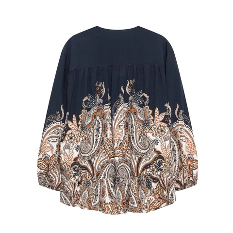 Boho Paisley Print Bluse Langarm V-Ausschnitt Bindeband Locker Lässig Ethnisch Vintage Damen Oberteil